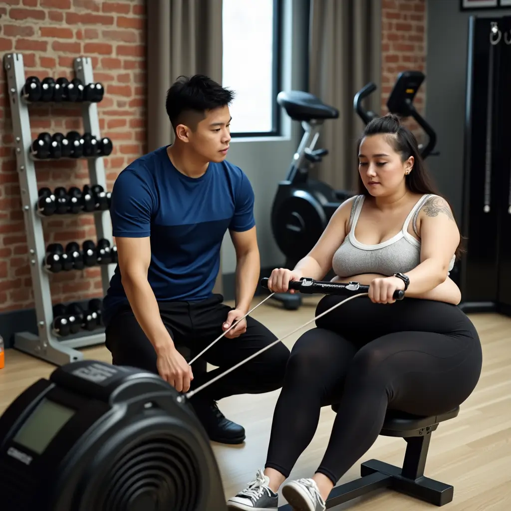 A personal trainer coaching a woman on a rowing machine in a gym setting, surrounded by workout equipment like dumbbells and exercise bikes forsuperfoods for weight loss and muscle gain