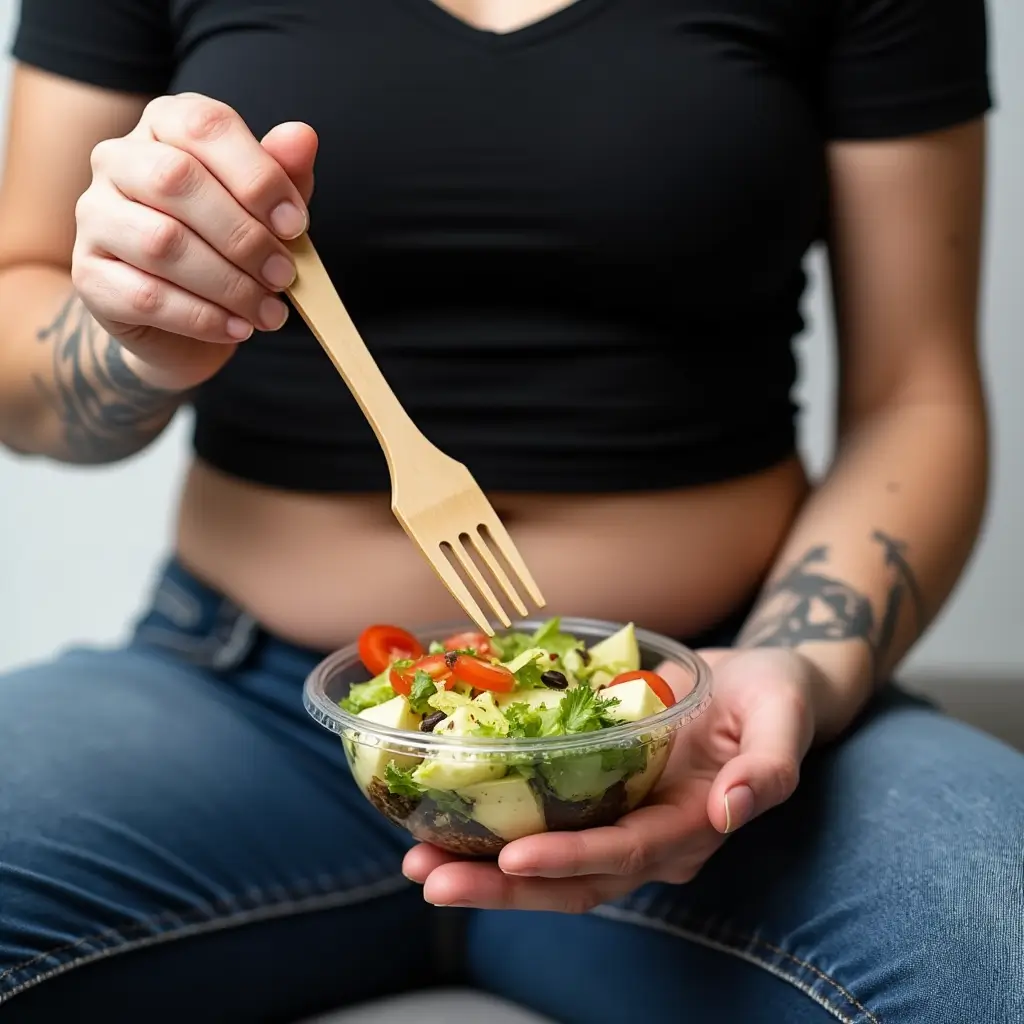 A person sitting in casual jeans , holding a wooden fork over a fresh salad bowl containing cherry tomatoes, cucumbers, herbs, and other healthy ingredients.superfoods for weight loss