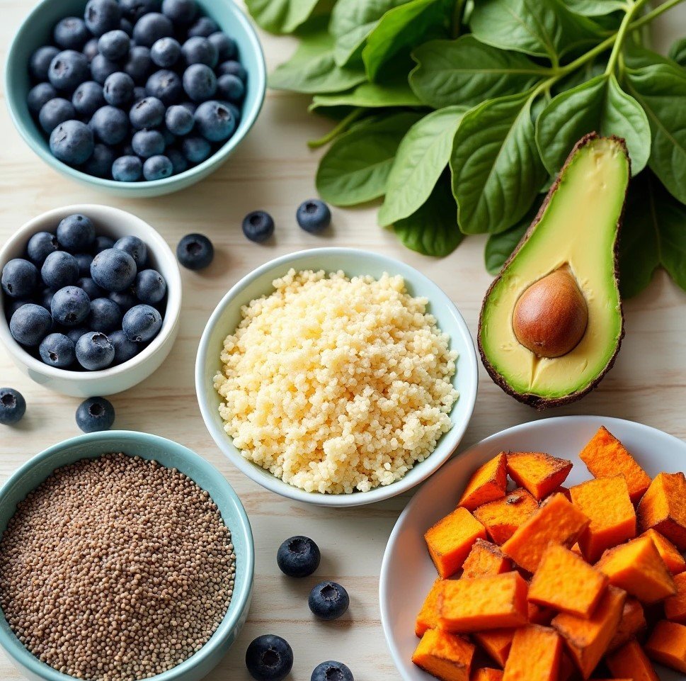 A variety of superfoods including blueberries, avocado, spinach, quinoa, chia seeds, and sweet potatoes arranged on a light wooden table.