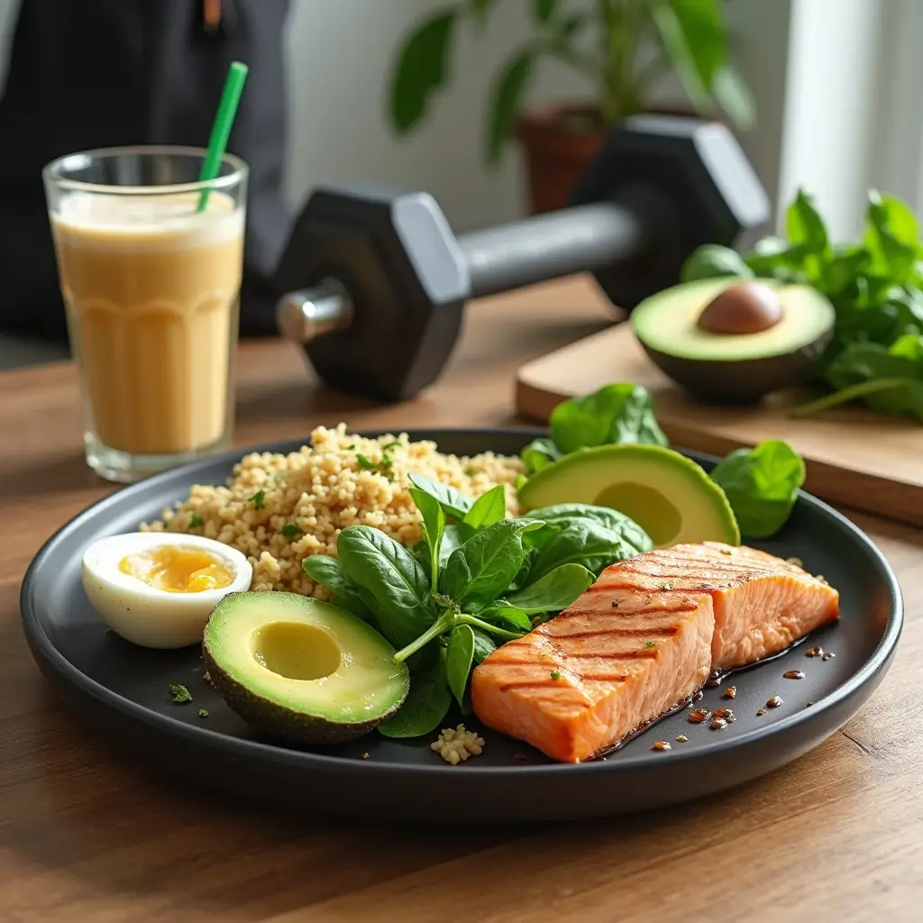 A top-down view of a well-balanced meal featuring grilled salmon, quinoa, avocado, spinach, and a boiled egg, with a protein shake and a water bottle nearby for food