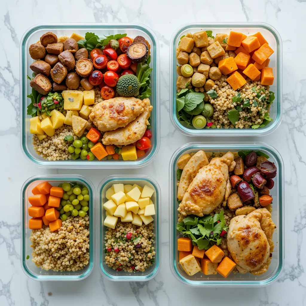"A variety of colorful, fresh ingredients including vegetables, grains, and lean proteins arranged in meal prep containers, with a focus on whole foods