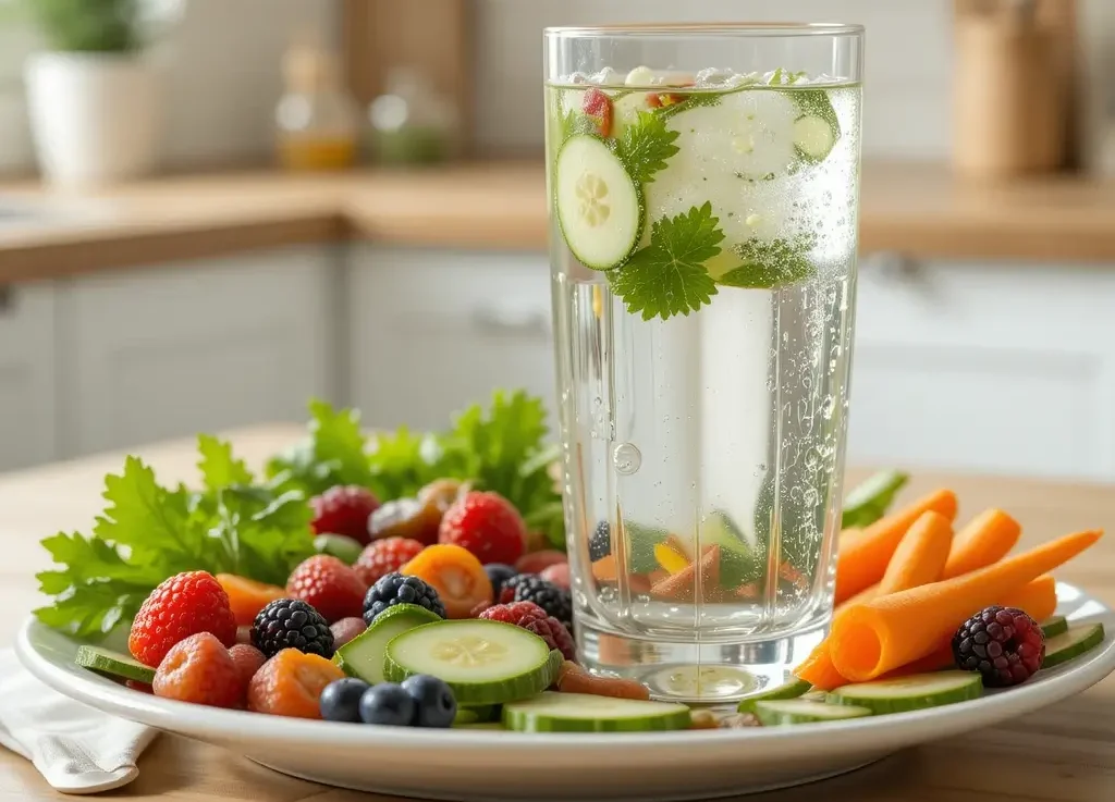 "A refreshing glass of water placed next to a healthy plate of fruits and vegetables, symbolizing the importance of hydration and balanced eating.