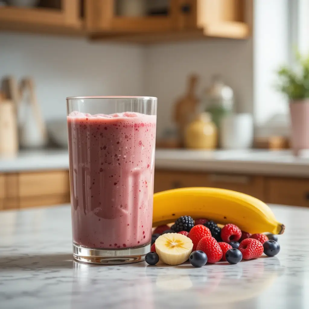 A post-workout snack with protein shake, banana, and mixed berries on a kitchen counter, perfect for muscle recovery."