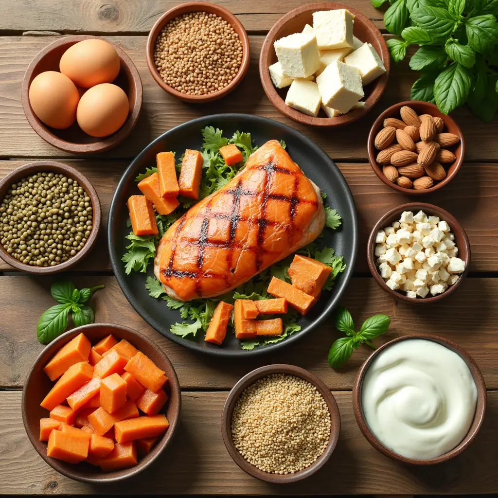 A top-down view of a wooden table with a variety of protein-rich foods, including grilled chicken, salmon, tofu, lentils, eggs, Greek yogurt, almonds, and quinoa, arranged in sections." for best protien