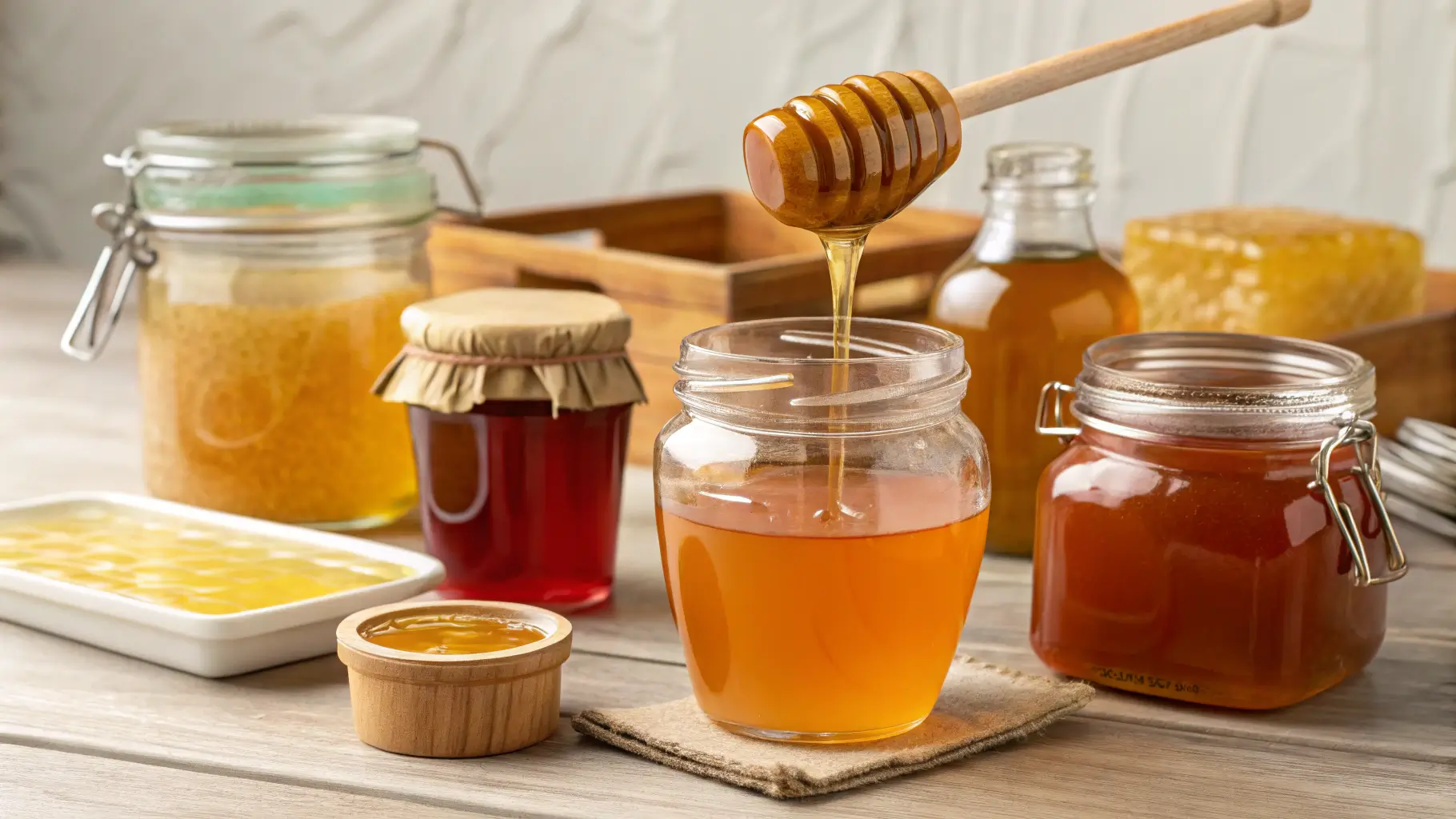 A variety of honey jars showing raw, organic, and processed honey with a spoonful of honey drizzling