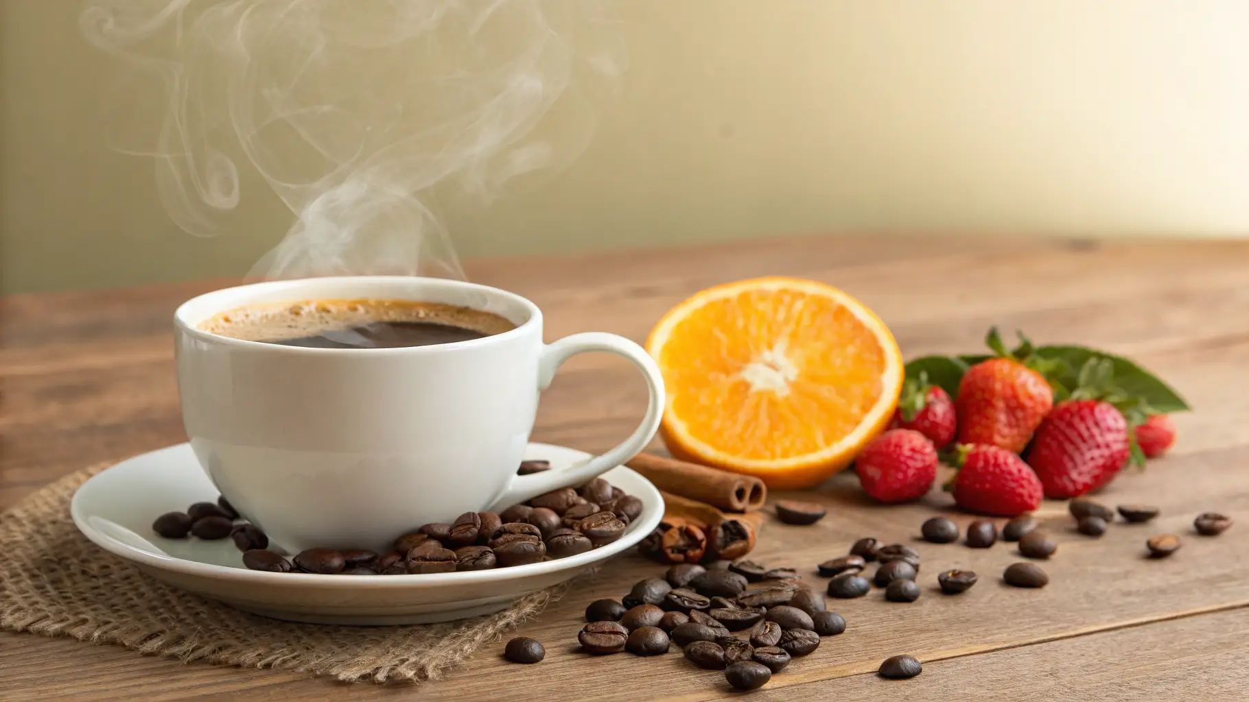 A steaming cup of freshly brewed coffee surrounded by coffee beans and fresh fruit, symbolizing antioxidants
