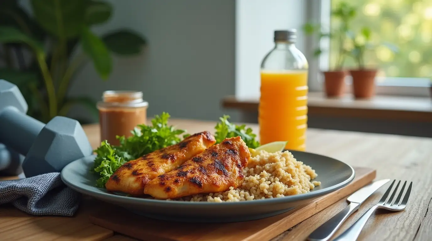 A visually appealing layout featuring a balanced post-workout meal, a protein shake, a bottle of water, and fitness-related items like dumbbells and a towel on a clean wooden table.
