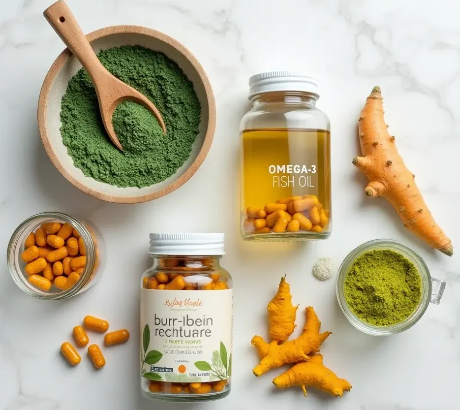 A neatly arranged flat lay of various superfood supplements, including greens powder, collagen peptides, omega-3 capsules, and turmeric curcumin capsules, displayed with small ingredient samples (like turmeric root and spirulina powder) on a white marble background. for best superfoods