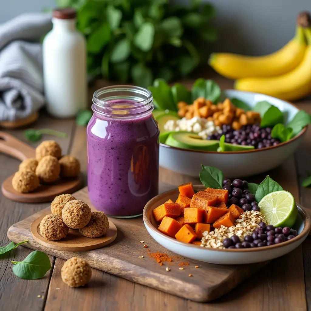 A vibrant assortment of post-workout superfoods arranged on a rustic kitchen counter, including a purple smoothie in a glass jar, golden chia energy bites on a wooden board, and a savory sweet potato avocado bowl with lime and spices. Fresh ingredients like bananas, spinach, and chia seeds are scattered nearby, alongside a reusable water bottle and gym towel.