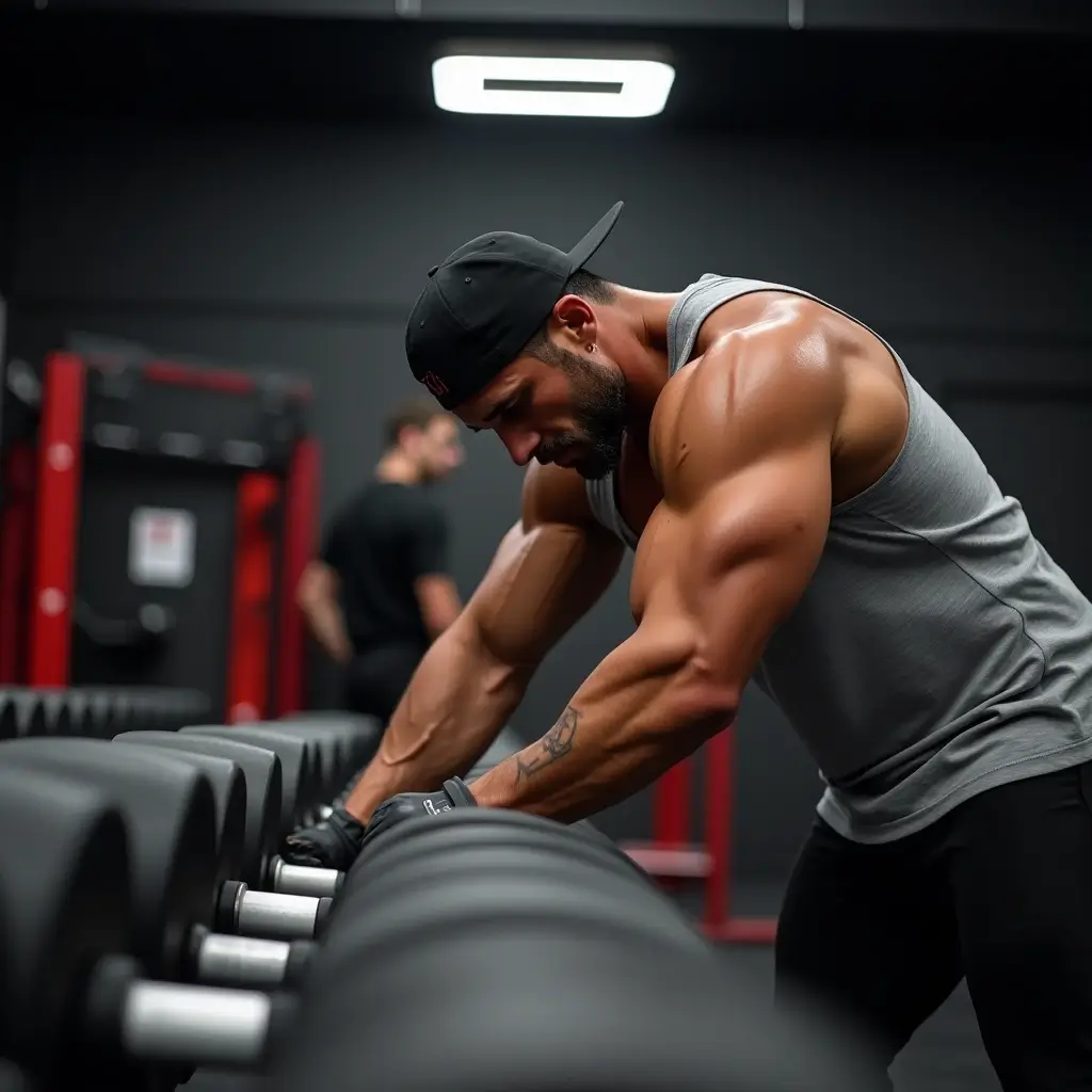 A muscular man in a gray tank top and black cap selecting a dumbbell in a gym, showcasing strength and determination. for Reduce Muscle Soreness youre fitness