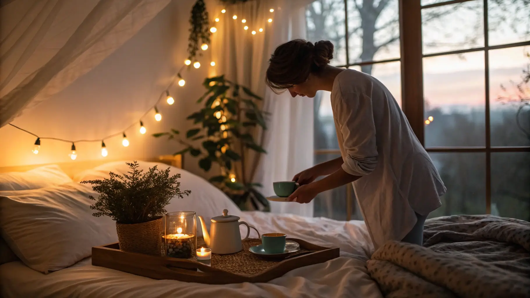Healthy Evening Routine for Faster Recovery A person setting up a calming evening routine, incorporating relaxation and preparation for better sleep and muscle recovery
