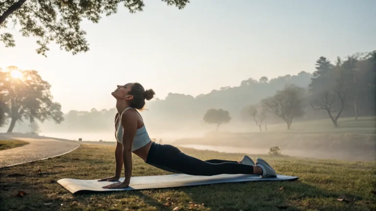A woman practicing mindful stretching in a peaceful outdoor setting at sunrise. Healthy Habits for Fitness