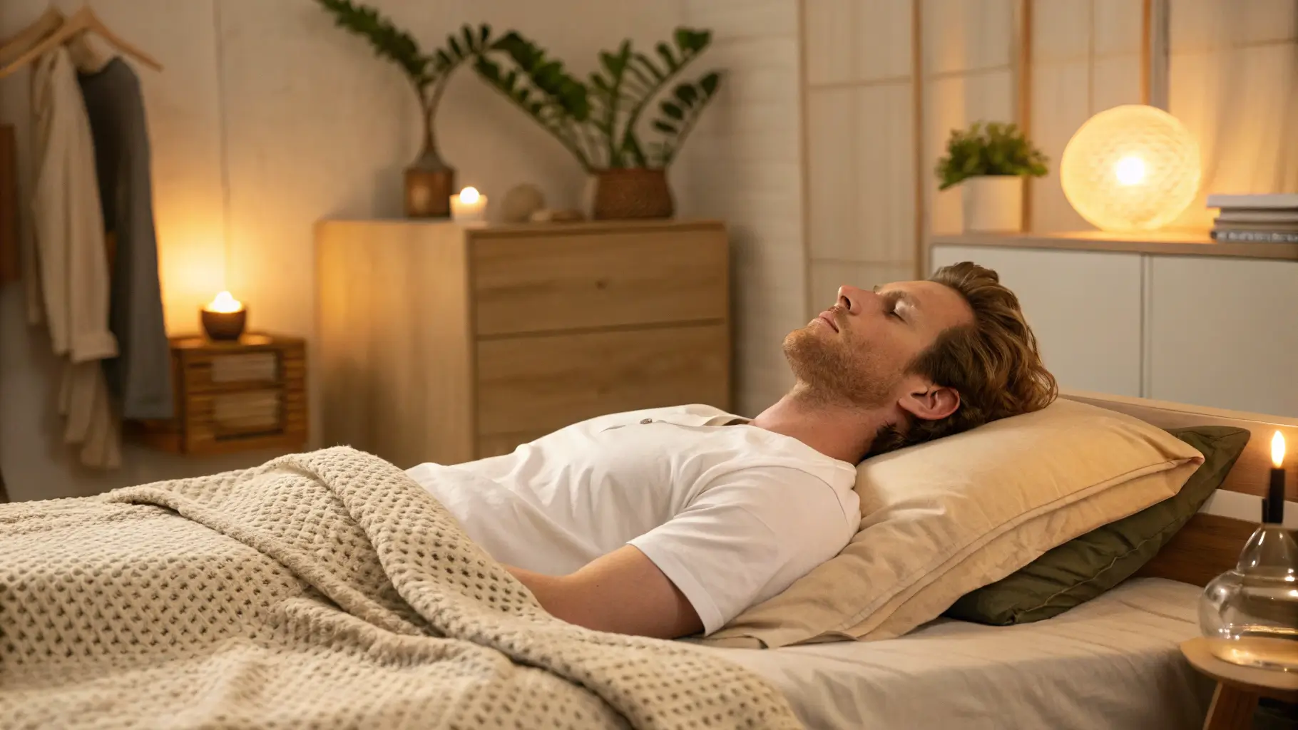 Peaceful Sleep for Muscle Recovery A man peacefully sleeping in a serene bedroom with soft lighting, promoting muscle recovery