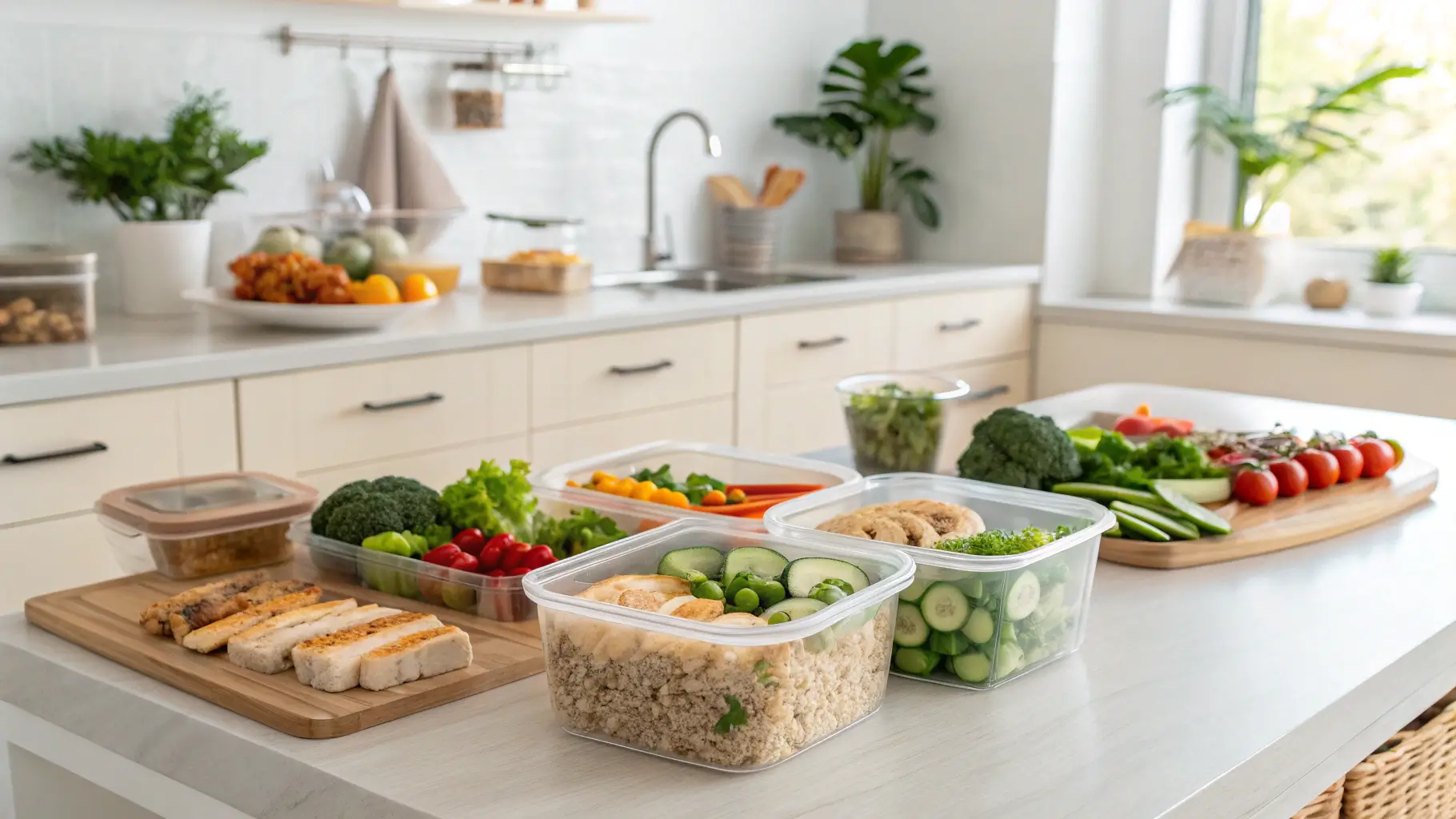 Efficient Meal Prep for Fitness and Health Healthy, prepped meals stored in clear containers, ready for the week ahead, showcasing nutrition planning for busy individuals