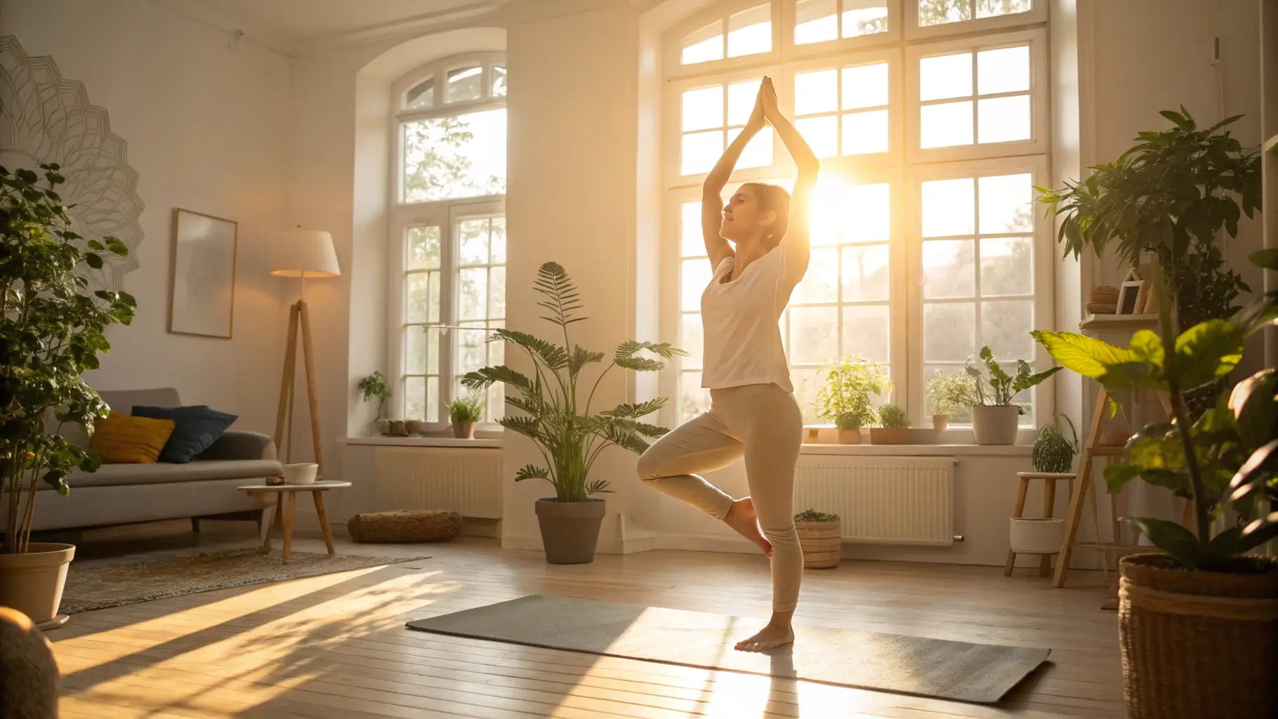 Sunlight + Movement = Morning Energy Boost A young woman doing light stretching in a sunlit room next to a large window, smiling and energized
