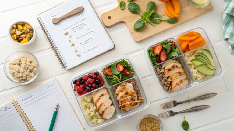 A well-organized kitchen counter showcasing multiple meal prep containers filled with healthy, balanced meals such as grilled chicken, roasted vegetables, quinoa, and fresh fruit, neatly arranged for a week of healthy eating.