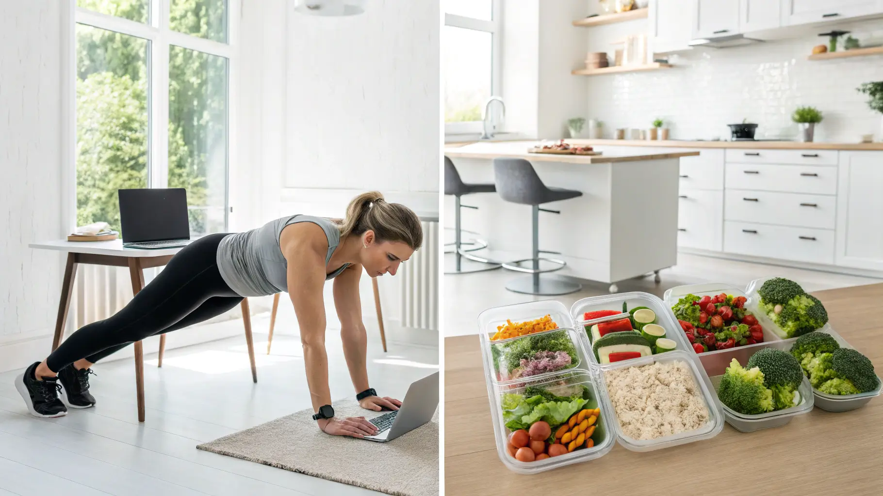 A split-scene showing on the left a professional in workout clothes doing a quick HIIT move in a modern home office, and on the right a countertop with neatly prepped healthy meals in clear containers . How to Stay Fit When You Have a Busy Schedule