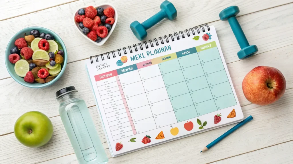 A weekly workout and meal planner with water, dumbbells, and fresh fruit on a table.Healthy Habits for Fitness