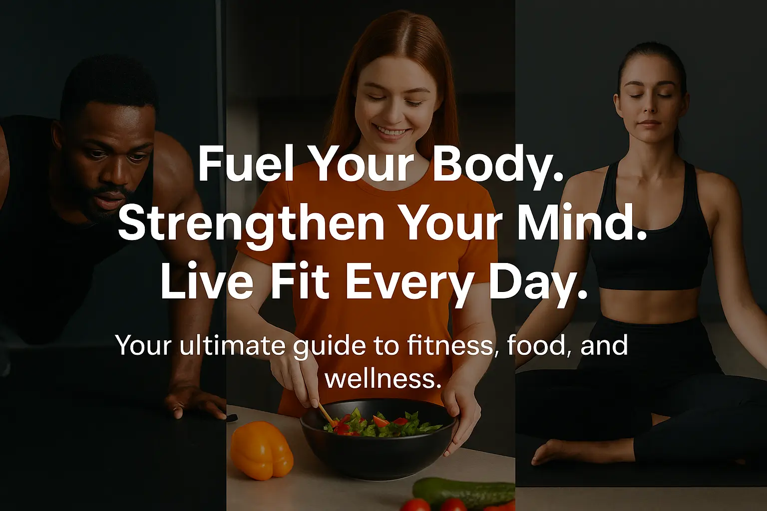 A collage the yourfitness of a man exercising, a woman making a salad, and a woman meditating, promoting fitness, healthy eating, and mindfulness.