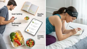 Fitness Success Tips : A collage of scenes showing a person setting fitness goals, exercising, meal prepping, sleeping well, and using a fitness app to track progress.