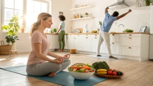 well-being : A diverse group of people engaging in healthy lifestyle activities including meditation, exercising, cooking fresh meals, and enjoying restful sleep in a bright, natural setting.