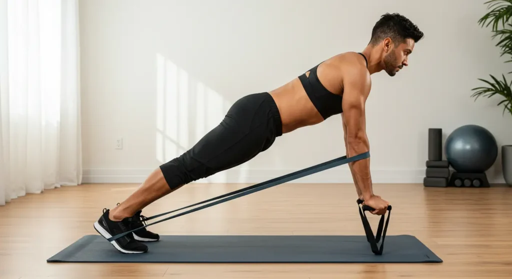 A set of colorful resistance loop bands, from light to heavy resistance, neatly organized, with a fit hand reaching for one.
