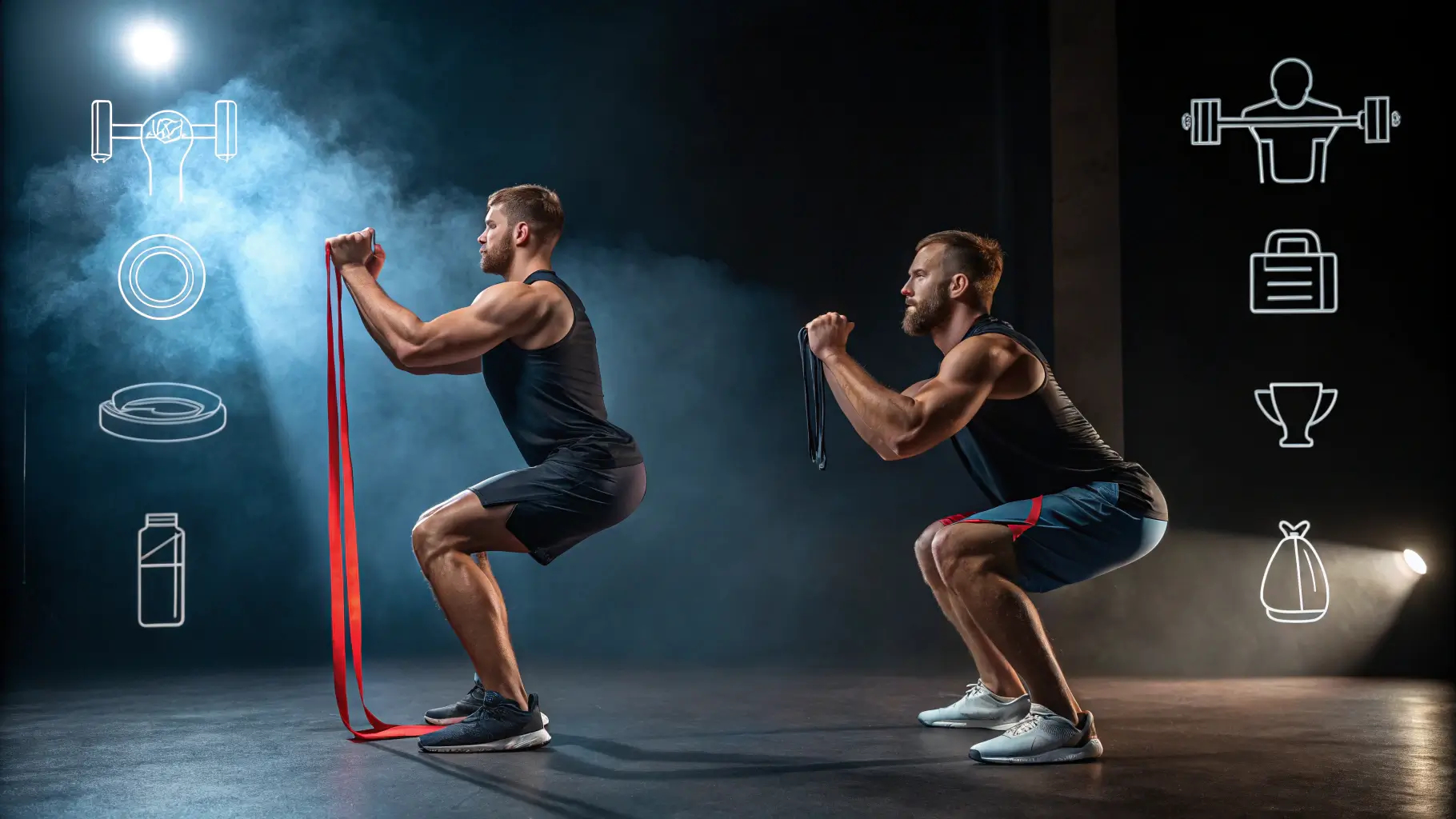 Side-by-side comparison showing a fitness model's 12-week transformation using only resistance bands, with labeled exercises for each muscle group and nutrition icons (protein shaker, vegetables) in the background