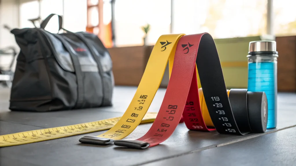 Alt Text: "Three resistance bands of varying thicknesses (light, medium, heavy) stacked together with a tape measure showing increased muscle size"
